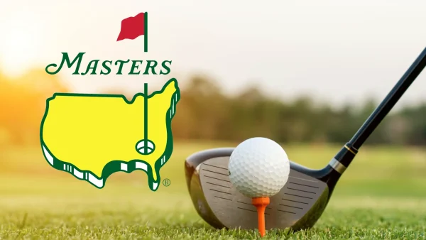 Masters 2024 logo to the left with a gold club in hit position the right. Get your masters odds here!