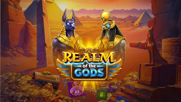 Image showing Title Realm of gods forfront of two God like beings with riches beneath and a majestic pyramid filled background.
