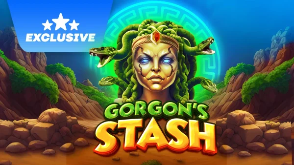 Text written infront of a medusa head with glowing blue eyes that reads "Gorgons Stash"
