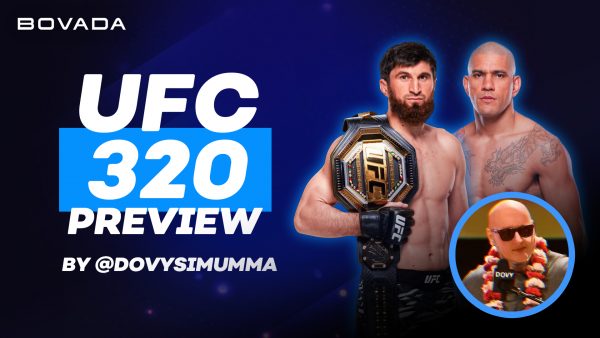 UFC 320 Preview with Ankalaev holding the championship belt, Alex Pereira, and a Dovvy in sunglasses on a dark blue background.